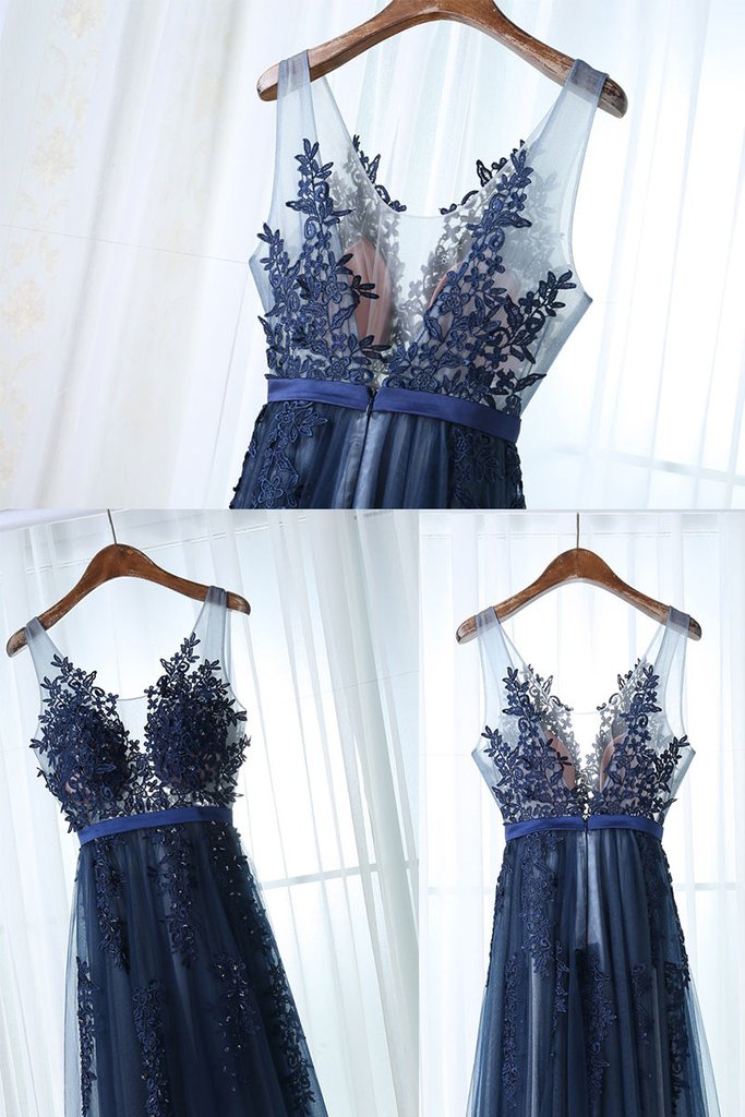 Navy Blue Lace Applique Tulle Long Formal Gown, Applique Evening Gowns