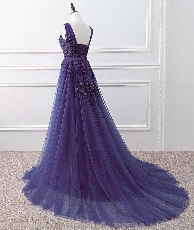 Lovely Purple Handmade Tulle V-neckline Long Party Dress, Purple A-lin Cutedressy Lovely Purple Handmade Tulle V-neckline Long Party Dress, Purple A-lin Cutedressy