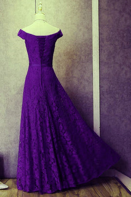Purple Lace Long Bridesmaid Dress, Off Shoulder Party Gown
