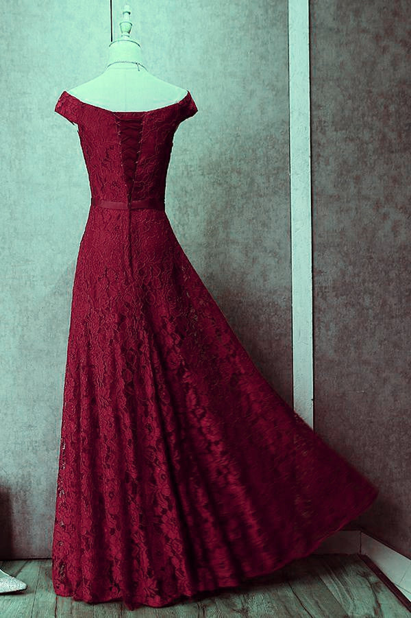 Wine Red Lace Off Shoulder Lace-up Long Party Dresses, Lace Evening Gowns, Formal Gowns
