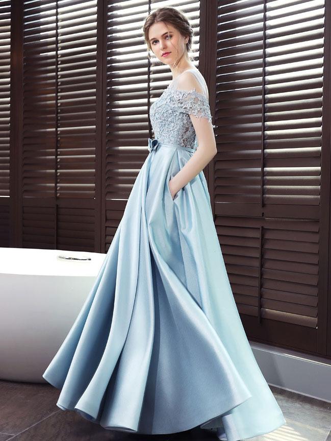 Light Blue Long Satin Lace Off Shoulder Floor Length Prom Dress, Blue Formal Dress