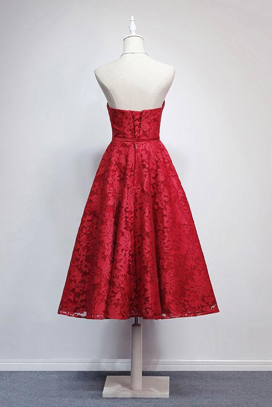 Charming Red Lace Tea Length Wedding Party Dress, Red Lace Dress, Formal Dress