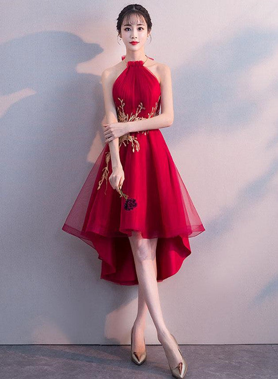 Red High Low Halter Stylish Formal Dress, Cute Party Dresses