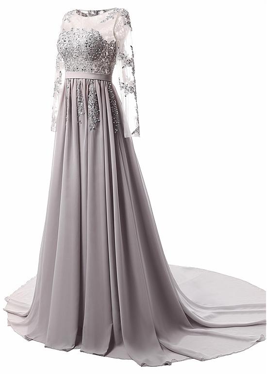 Grey Long Sleeves Applique Chiffon Formal Gowns , Grey Prom Dress , Party Dresses