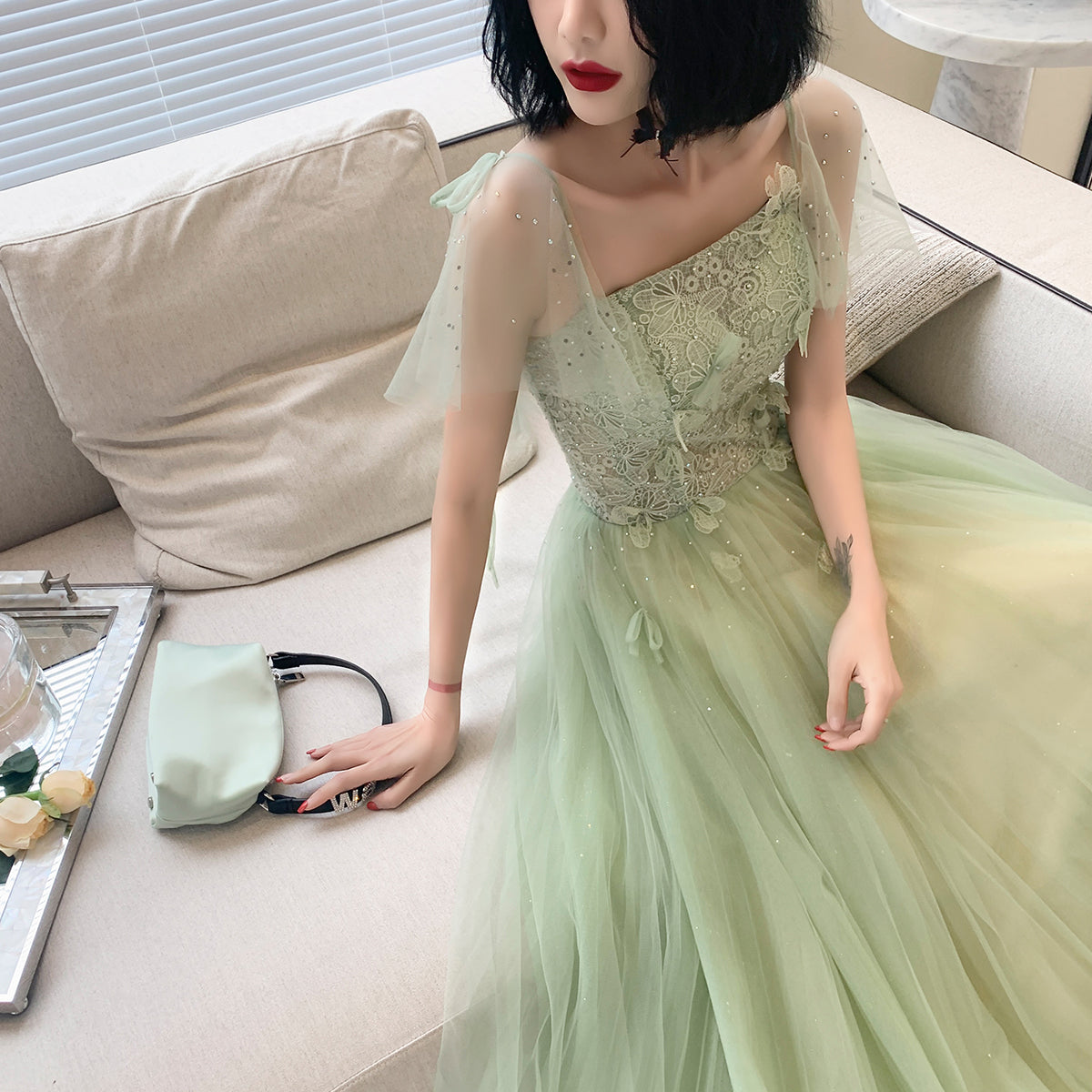 Beautiful Green Tulle Long Prom Dress with Lace, Green Evening Party Dresses