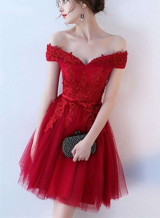 Wine Red Off Shoulder Short Simple Homecoming Dress, Dark Red Prom Dress