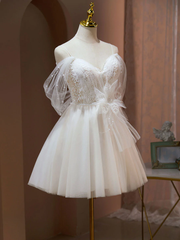Ivory Sweetheart Tulle Short Party Dress, Ivory Tulle with Lace Homecoming Dress
