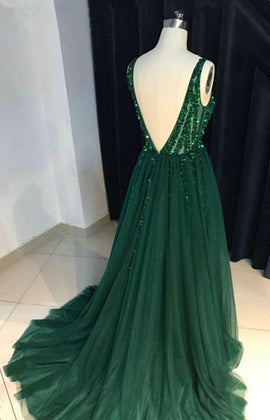 Tulle Dark Green Sparkly Sequins Beaded V-neck Prom Dresess, Green Evening Gowns, Women Formal Dresses