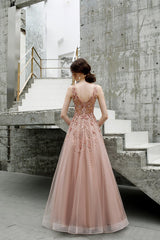 Beautiful Tulle A Line V Neck Pink Beads Straps Prom Dresses, Lace up Long Dance Formal Dress