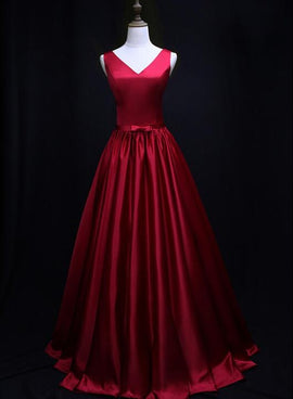 Red Satin V-neckline Floor Length Junior Prom Dress, Party Dress with Bow