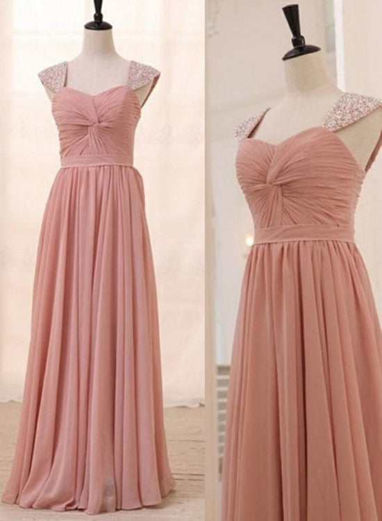 Beautiful Blush Pink Sequins Chiffon Long Bridesmaid Dress, Long Junior Prom Dress
