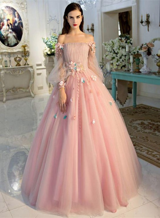 Pink Flowers Puffy Sleeves Tulle Long Party Dress, Ball Gown Pink Sweet 16 Gown