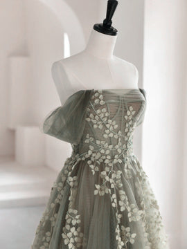 Charming Green Tulle Off Shoulder Party Dress, Green Long A-line Formal Dress