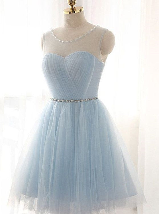Light Blue Round Neckline Short Tulle Graduation Dress , Blue Party Dress, Blue Homecoming Dress