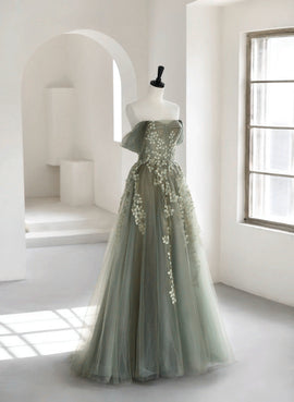 Charming Green Tulle Off Shoulder Party Dress, Green Long A-line Formal Dress