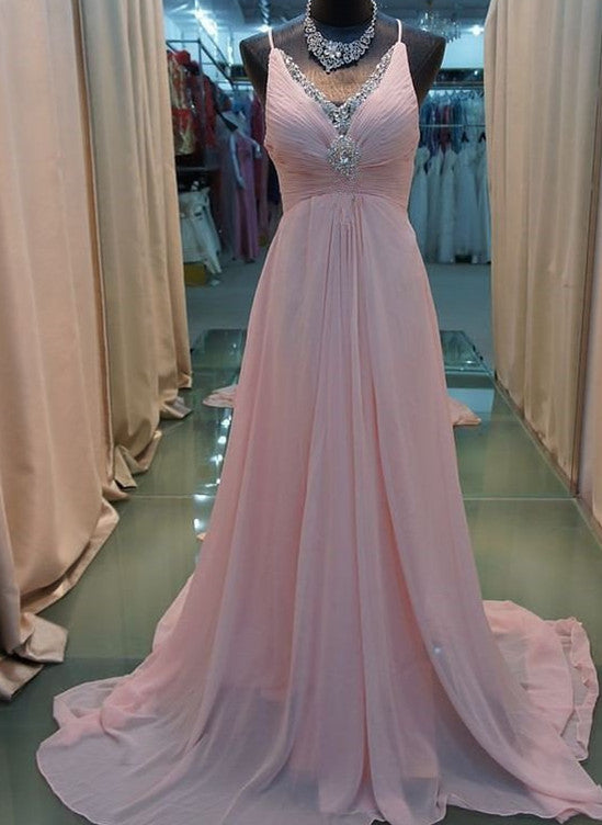 Lovely Chiffon Pink Prom Dresses, Straps Pink Party Dresses, Pink Formal Dresses