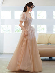 Beautiful Champagne Short Sleeves Beaded Tulle Formal Gown, Long Sweet 16 Dresses
