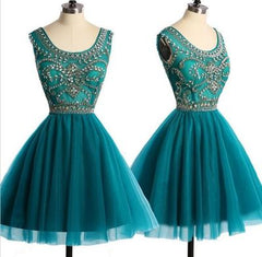 Hunter Green Tulle Knee Length Beaded Homecoming Dresses, Cute Graduation Party Dress, Short Prom Dress