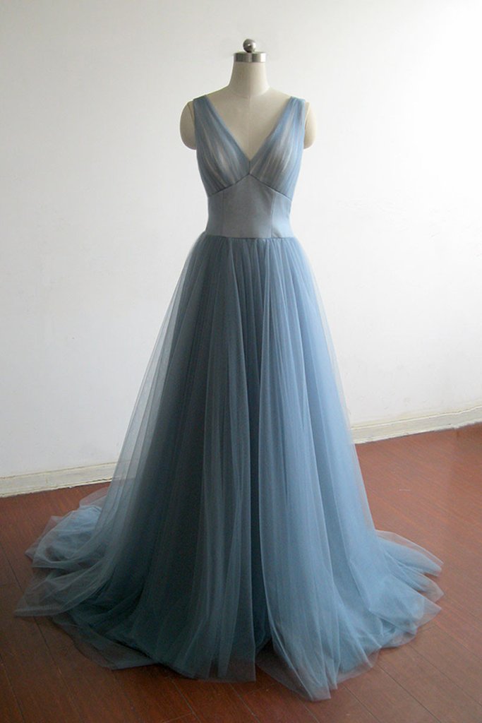 Blue Tulle New Style Long Party Gown, A-line Formal Dress