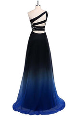 Blue One Shoulder Gradient Long Sleeveless Open Back Beading Prom Dress,Formal Dress 2018