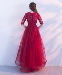 Wine Red Lace 1/2 Sleeves Tulle Long Party Dress, A-line Layers Tulle Prom Dress