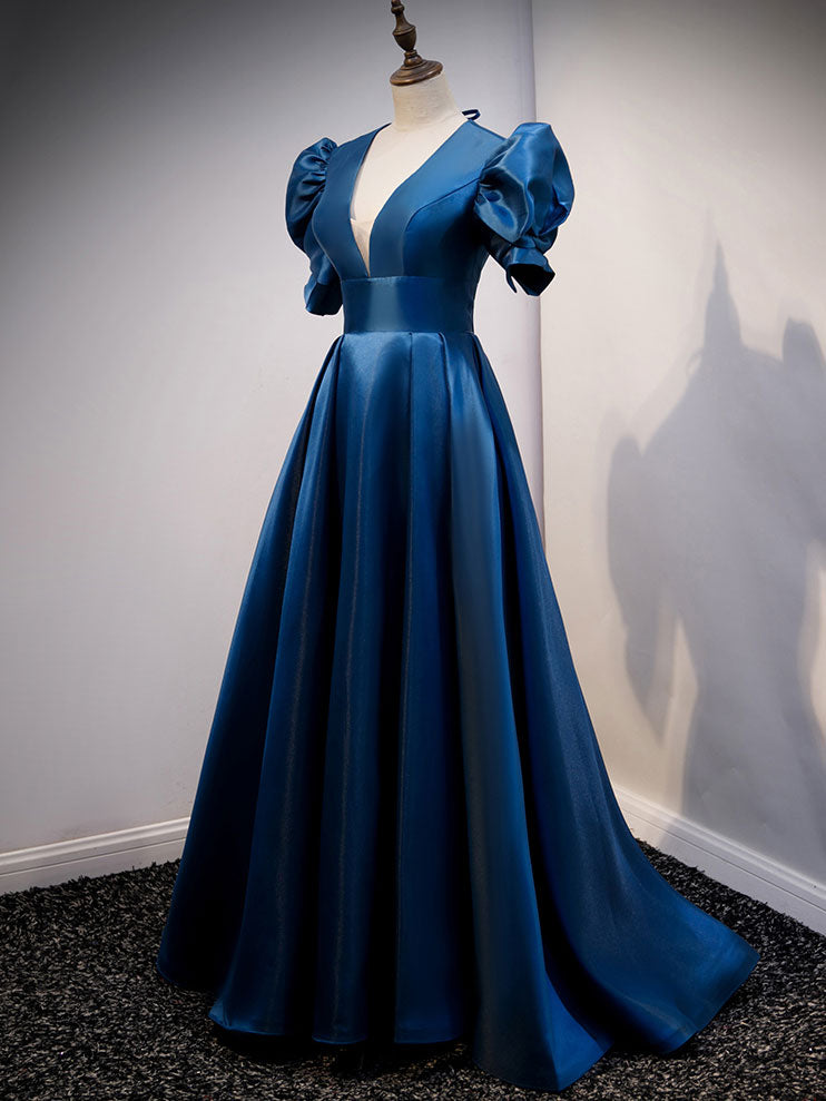 Blue Satin Simple V-neckline Prom Dress, Blue Evening Dress Bridesmaid Dress
