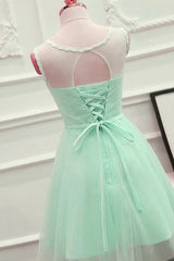 Cute Mint Green Tulle Short Party Dress with Lace Applique, Homecoming Dress