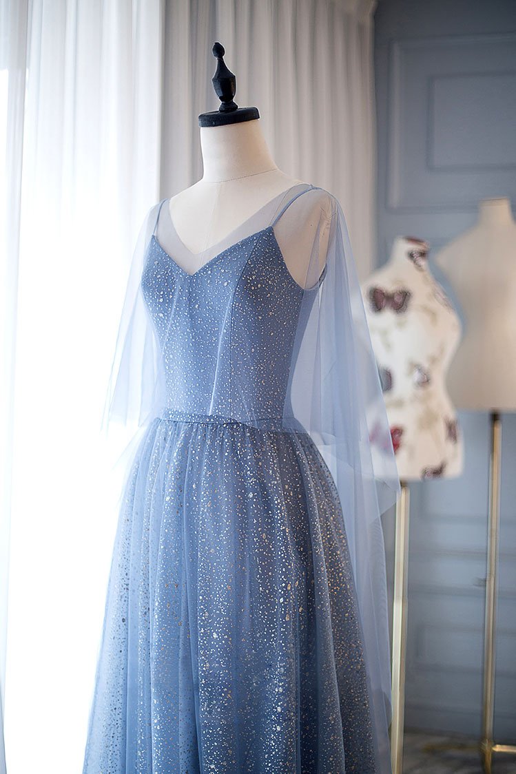 Light Blue Tulle Long Straps Elegant Party Gowns, Blue Floor Length Evening Dress