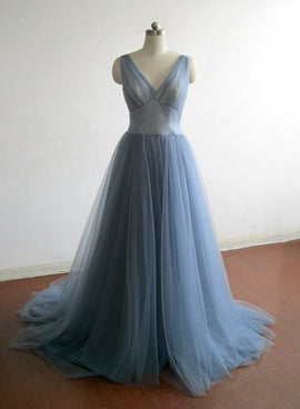 Blue Tulle New Style Long Party Gown, A-line Formal Dress