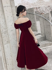 Wine Red Short Velvet Evening Dresses, Off Shoulder Prom Dresses Bridesmaid Dress