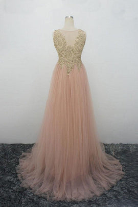 Pink Tulle Party Dress with Gold Lace Applique Prom Dress, Pink Party Dresses, Formal Gowns