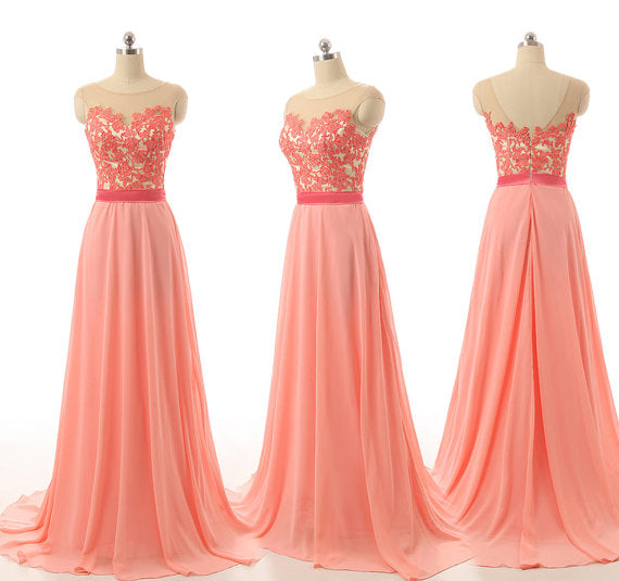 Peach Pink Chiffon and Lace Long Bridesmaid Dresses, Simple Bridesmaid Dresses 2k18, Long Formal Gowns