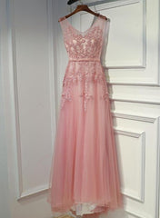Pink V-neckline Tulle Long Party Dress, Pink Prom Dress Formal Dress