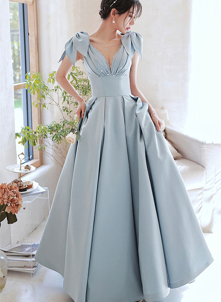 A-line Blue Satin Beaded Long Party Dress, V-neckline Blue Evening Dress
