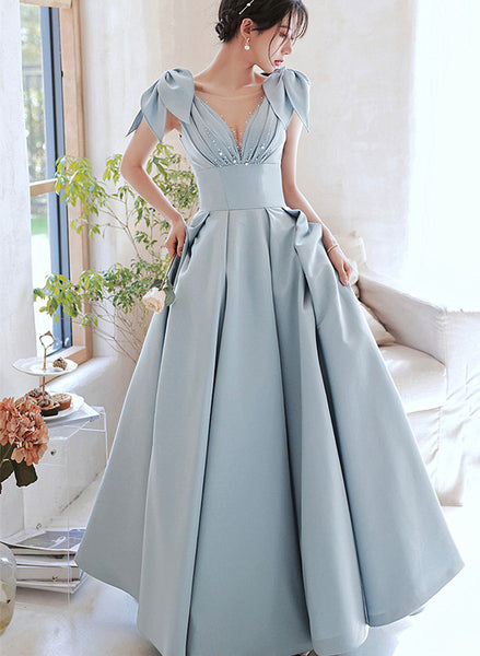 Elegant V Neck Blue Satin Print Floral Long Party Dress Guest Dress SP266