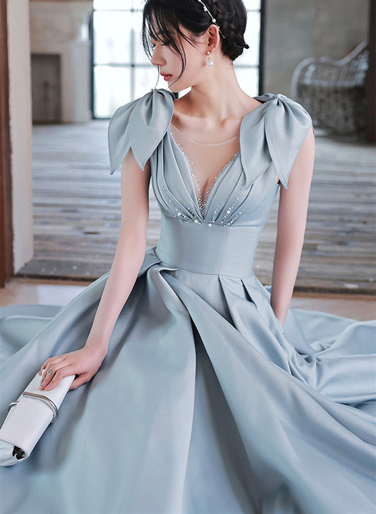 Blue Satin Beaded Round Neckline Prom Dress, Blue Satin A-line Floor Length Party Dress