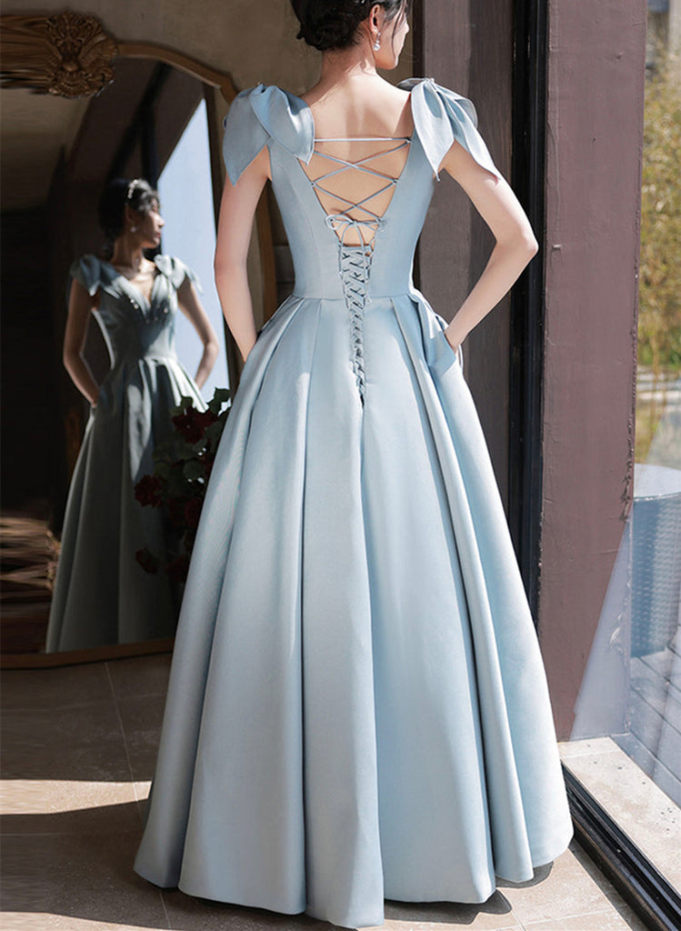 Grey Satin Beaded Long Party Dress with Bow, Grey A-line Prom Dress main image 1