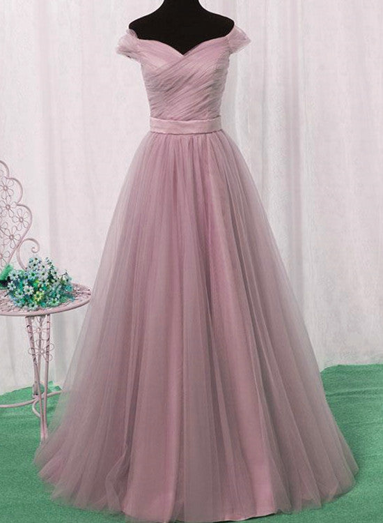 Dark Pink Tulle Off Shoulder Lovely Bridesmaid Dress , A-line Tulle Long Bridesmaid Dress