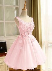 Pink Organza Beaded with Flowers Homecoming Dresses, Cute Round Short Party Dress