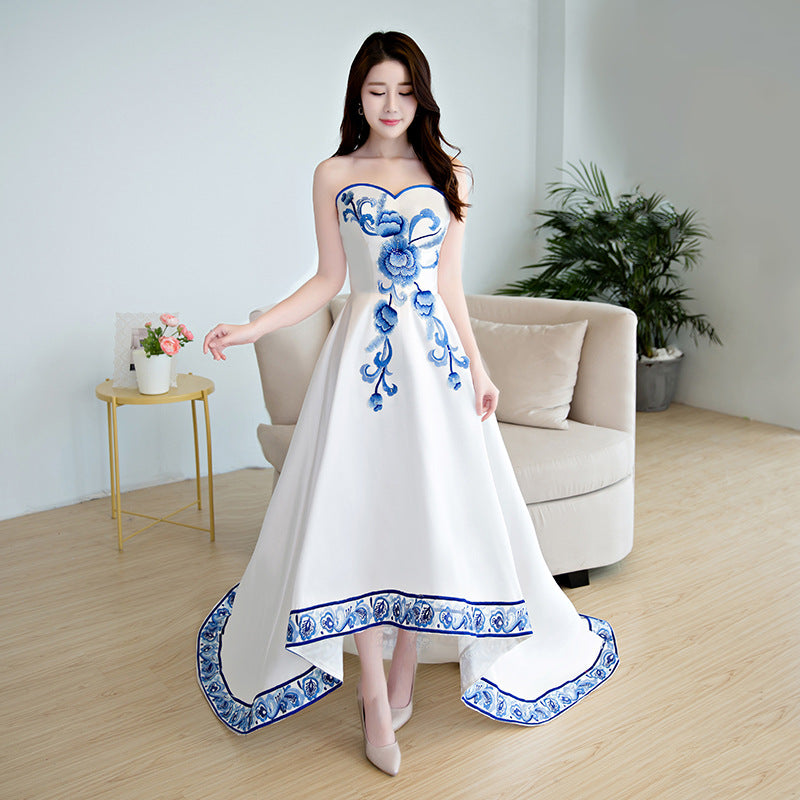 Beautiful White Satin with Flowers Embroidery Party Dresses, High Low Cutedressy Beautiful White Satin with Flowers Embroidery Party Dresses, High Low Cutedressy