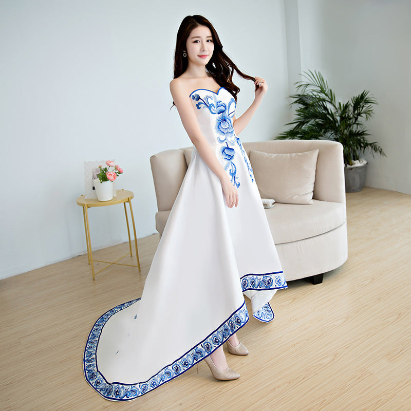 Beautiful White Satin with Flowers Embroidery Party Dresses, High Low Simple Satin Graduation Dresses