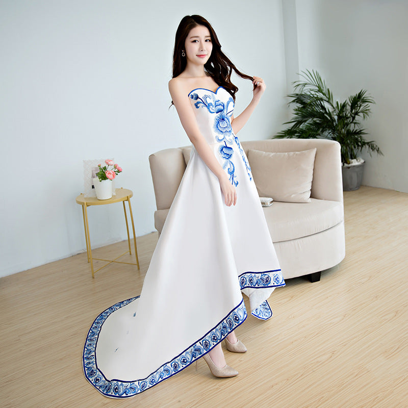 Beautiful White Satin with Flowers Embroidery Party Dresses, High Low Cutedressy Beautiful White Satin with Flowers Embroidery Party Dresses, High Low Cutedressy