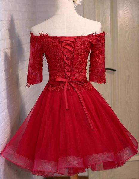 Red Short Prom Dresses , Short Sleeves Off Shoulder Party Dresses, Red Homecoming Dresses