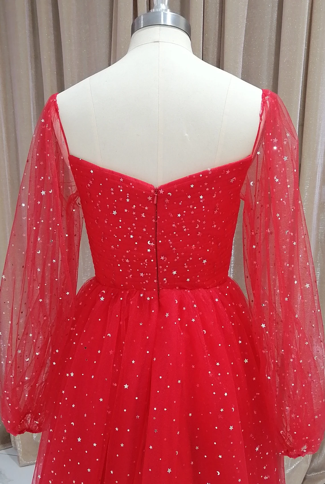Red Tulle Long Puffy Sleeves Short Prom Dress, Red Tulle Homecoming Dress