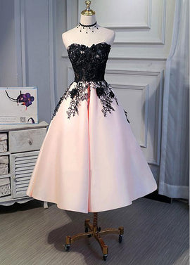 Cute Pearl Pink Tea Length Satin with Lace Applique Party Dress, Homecoming Dress