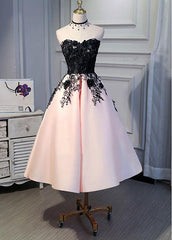 Cute Pearl Pink Tea Length Satin with Lace Applique Party Dress, Homecoming Dress