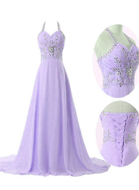 Lavender Chiffon Long Formal Gowns, Halter Beaded Prom Dresses , Handmade Formal Dresses