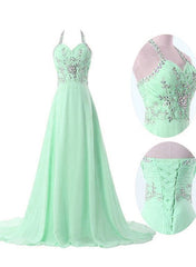 Mint Green Chiffon Sweetheart Halter A-line Beaded Formal Dress, Mint Party Dresses, Prom Dress