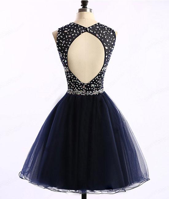 Navy Blue Sparkle Beaded Homecoming Dresses, Round Neckline Party Dress, Short Prom Dresses