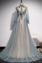 Beautiful Long Sleeves Tulle Party Dress with Lace Applique, A-line Wedding Party Dress